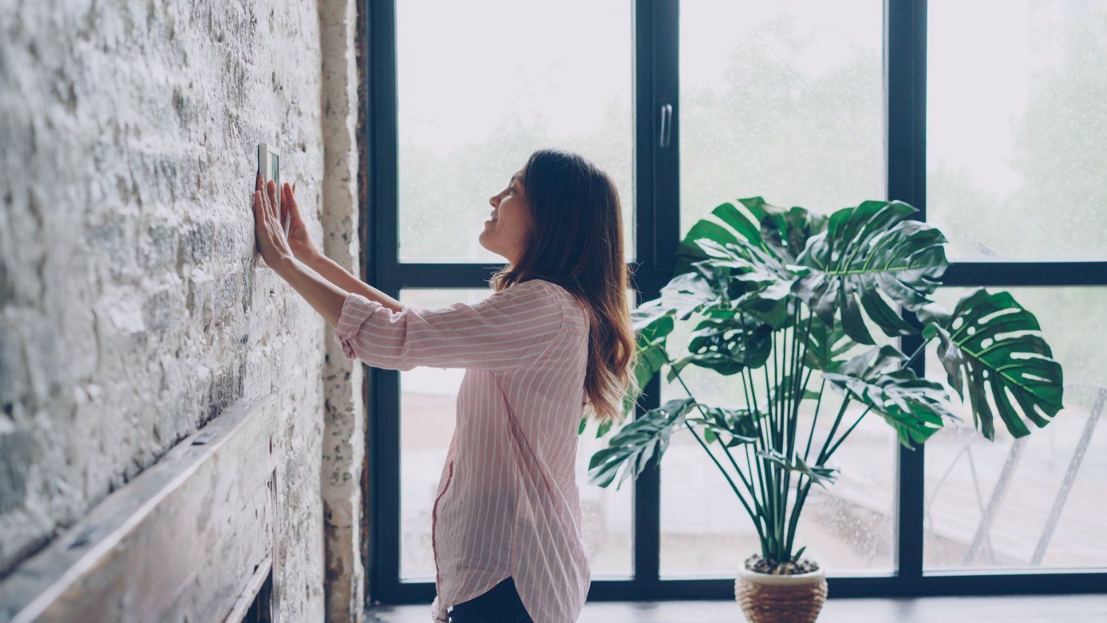 A hand just leaving a wall thermostat in a sunlit, lived-in Southern California living room — linen sofa, a plant, mugs on the table, cool calm light across the floor