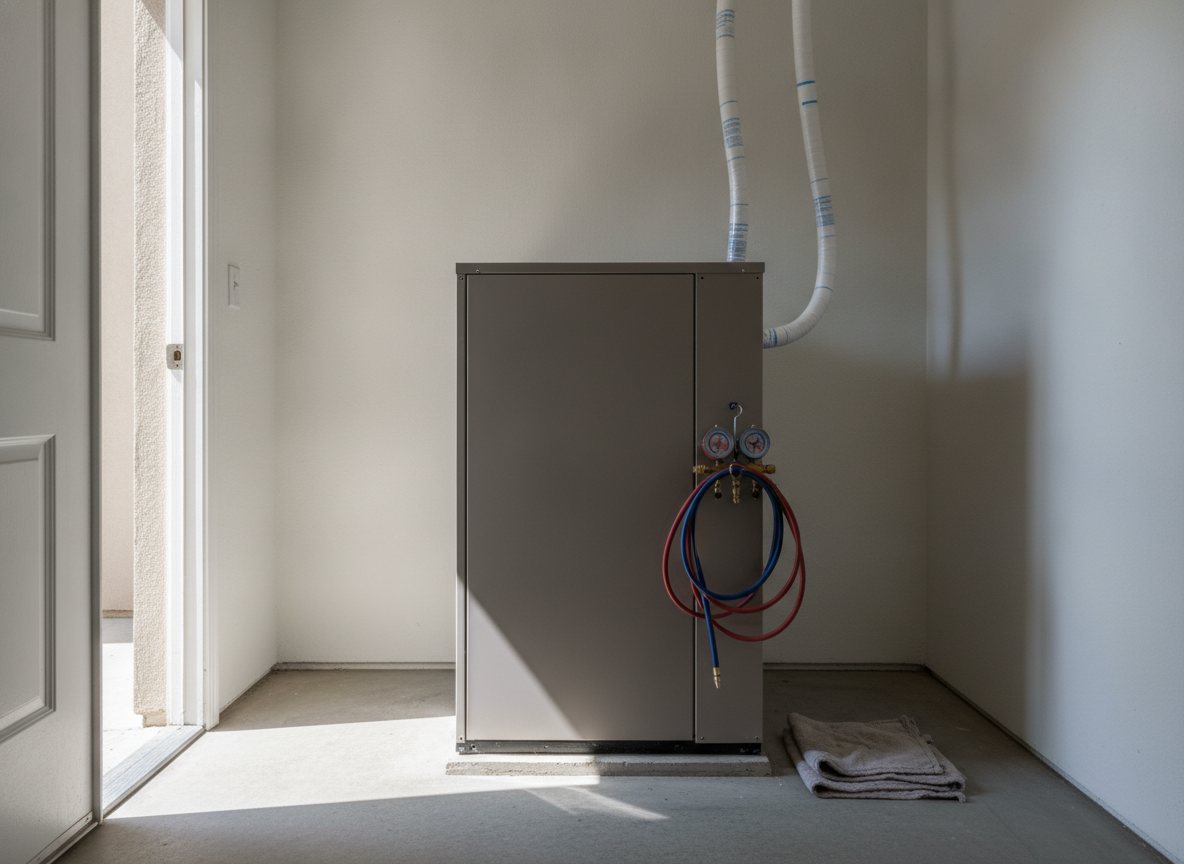A tidy multi-family utility closet after service: heating and cooling equipment with the access panel closed again, a fresh lineset wrapped in new white insulation tape, a gauge manifold coiled and hooked on the unit, a drop cloth folded on the floor