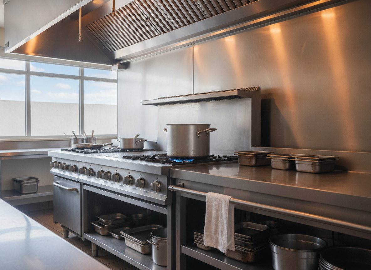 A restaurant line back in service: wiped stainless, pans stacked, pilot lit, a clean hood above, one towel over a rail